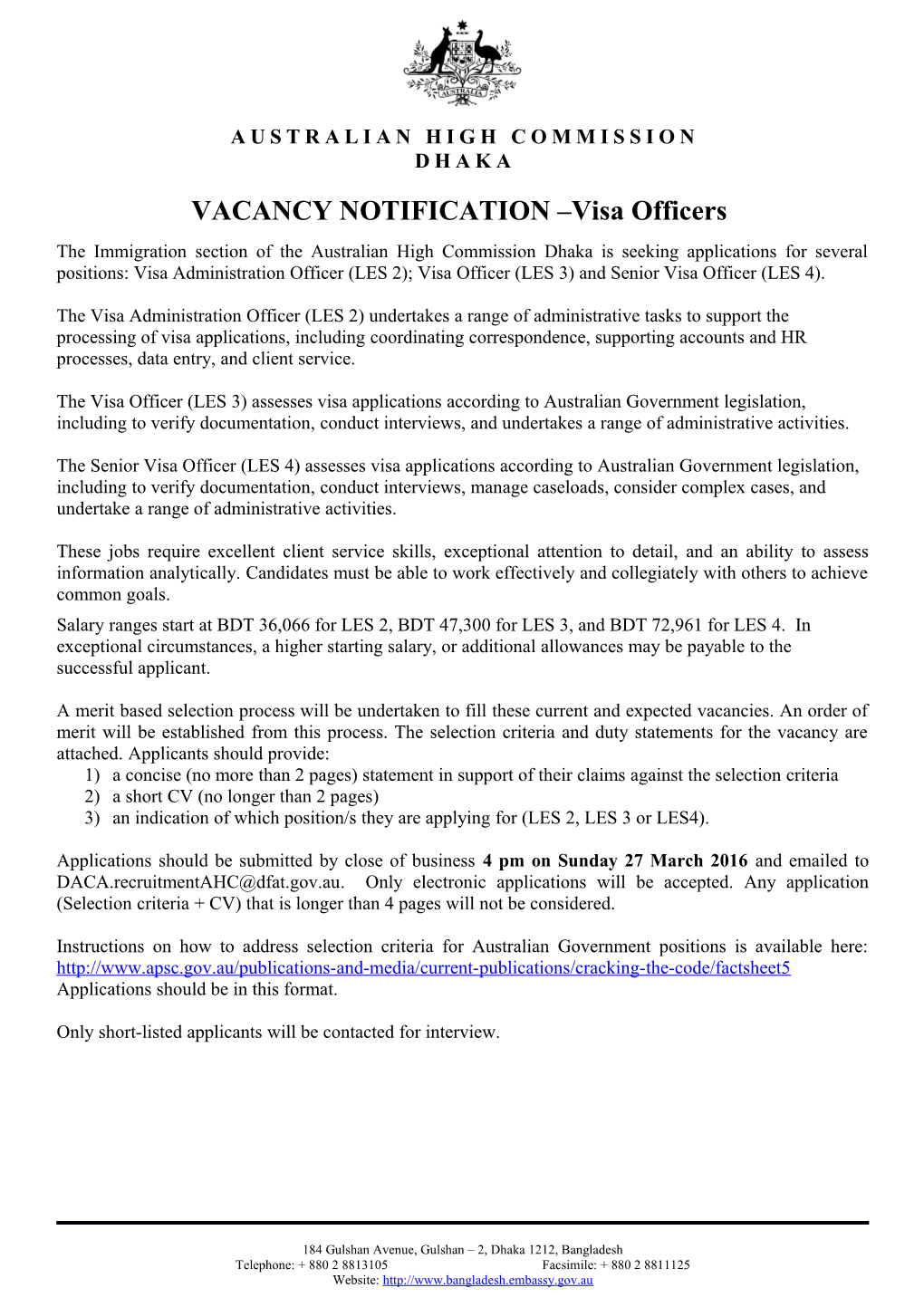 Senior Visa Officer, New Delhi - Expatriate Position