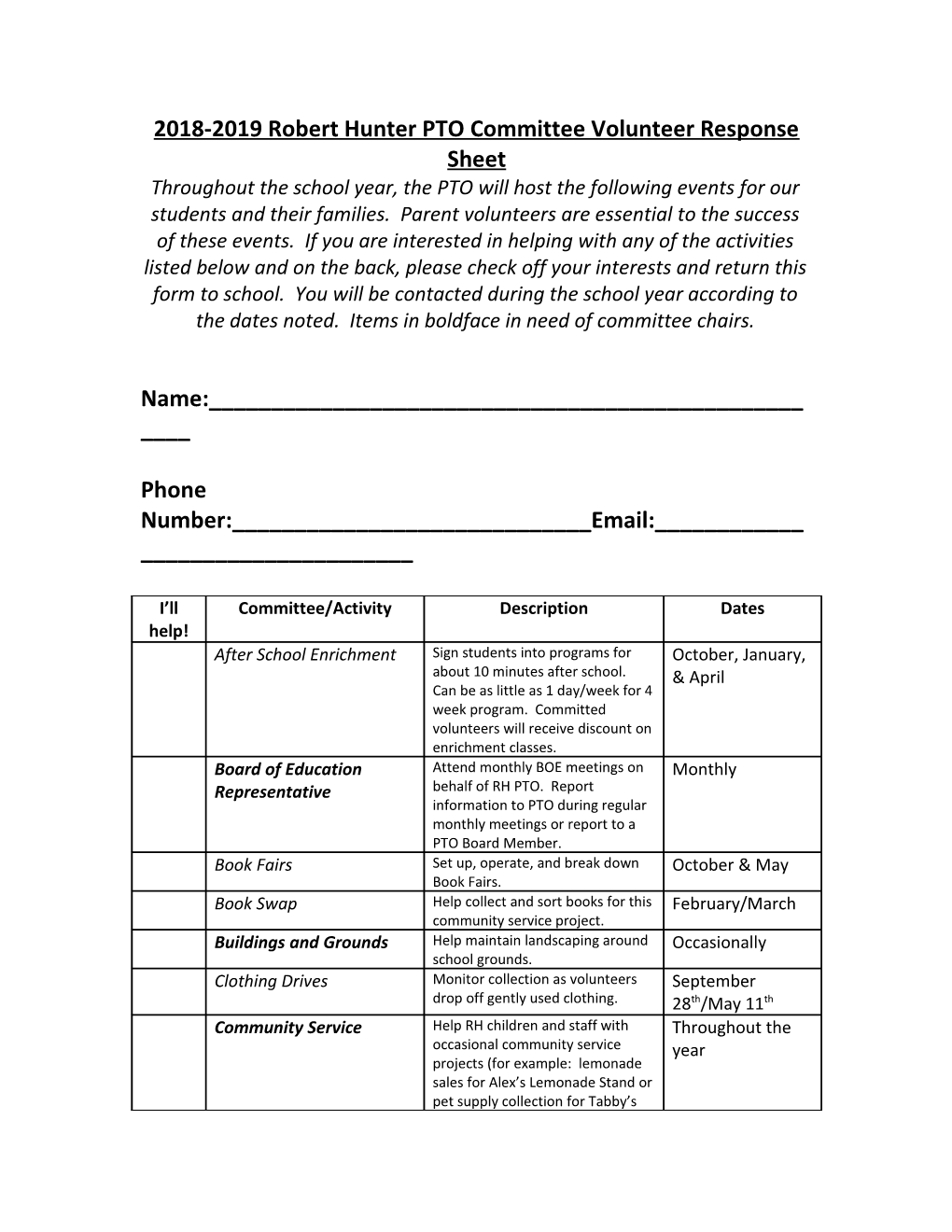 2015-2016 Robert Hunter PTO Committee Volunteer Response Sheet