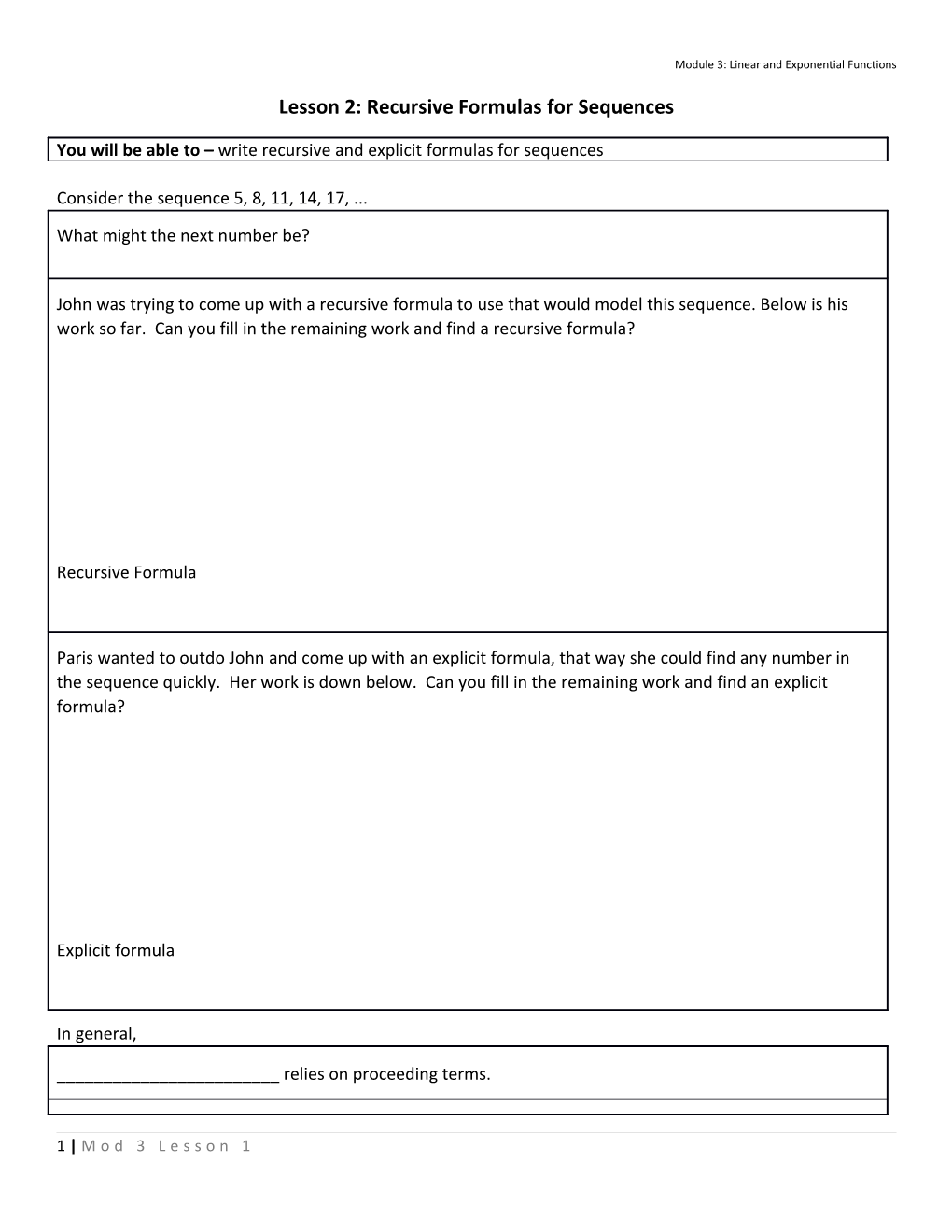 Lesson 2: Recursive Formulas for Sequences