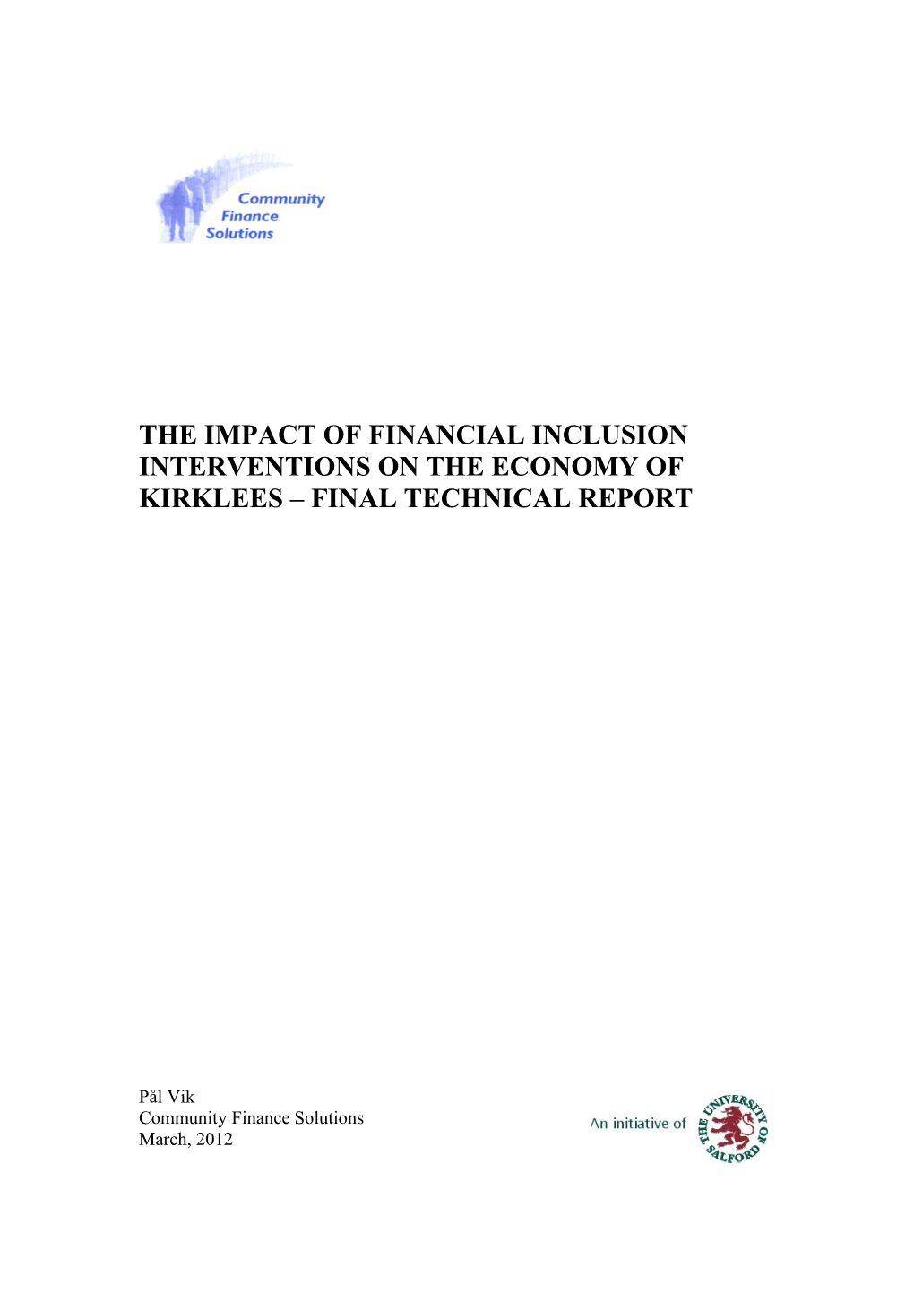 The Impact of Financial Inclusion Interventions on the Economy of Kirklees Final Technical