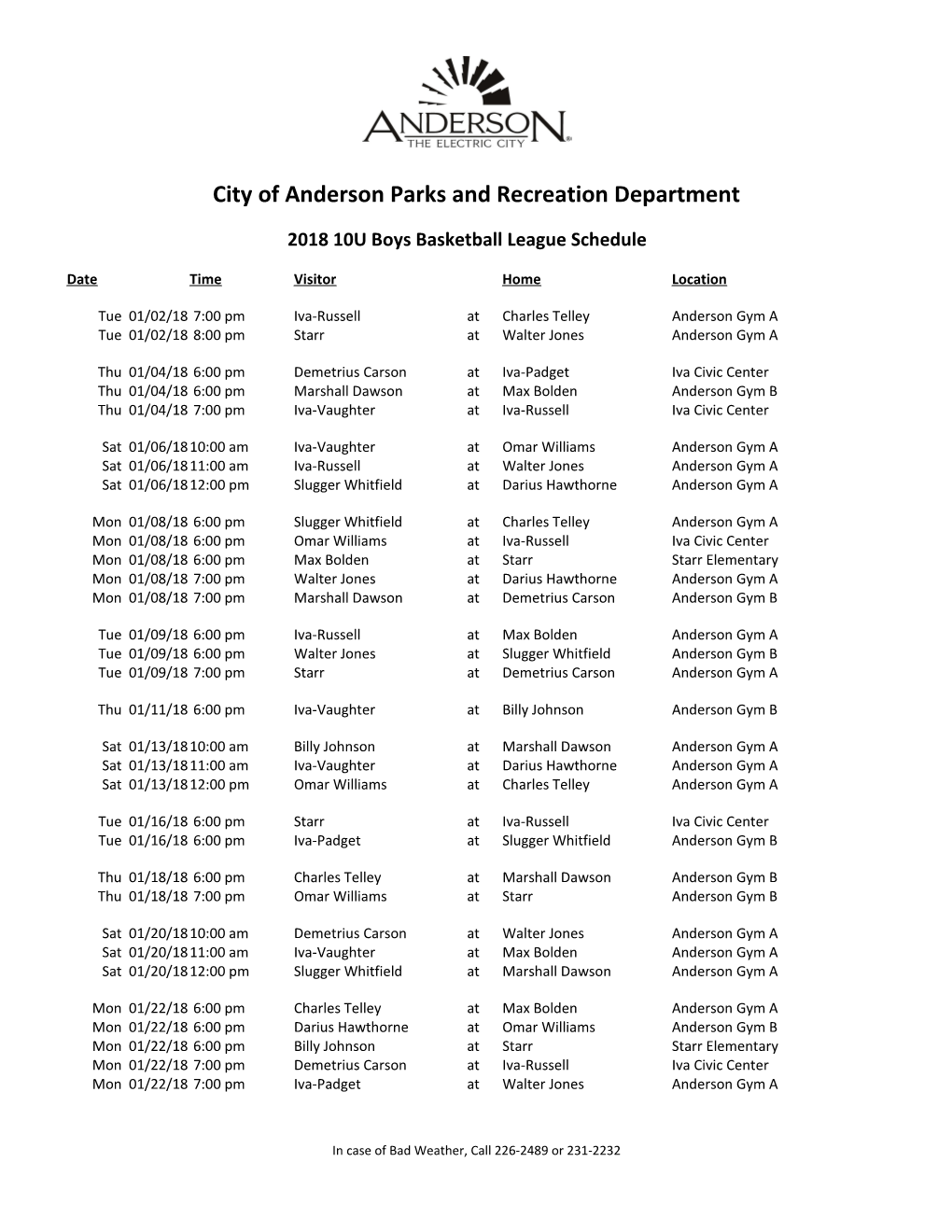 City of Anderson Parks and Recreation Department