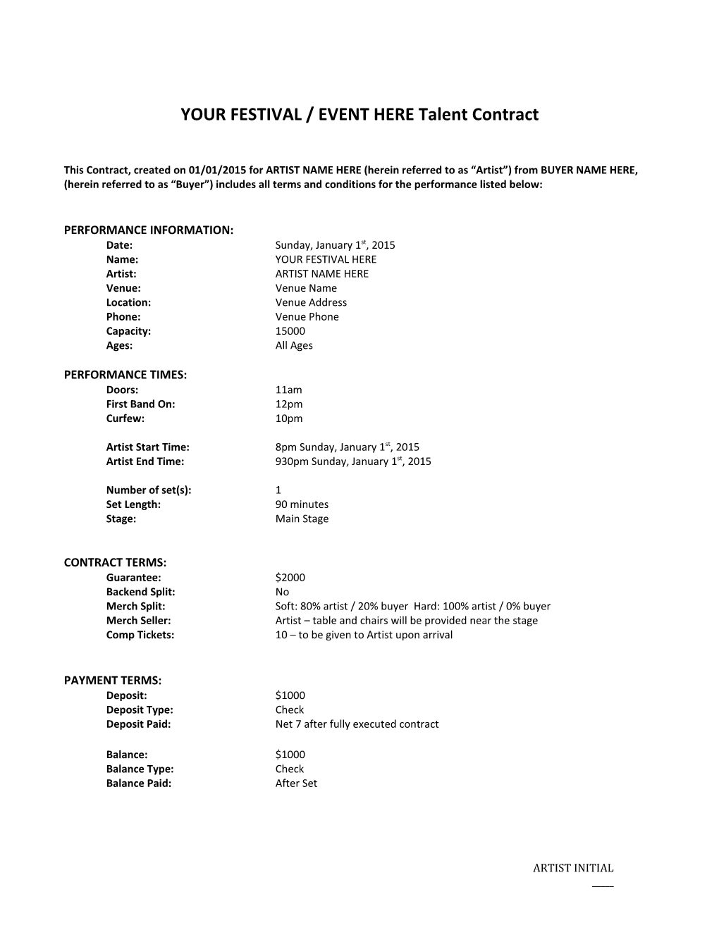 YOUR FESTIVAL / EVENT HERE Talent Contract