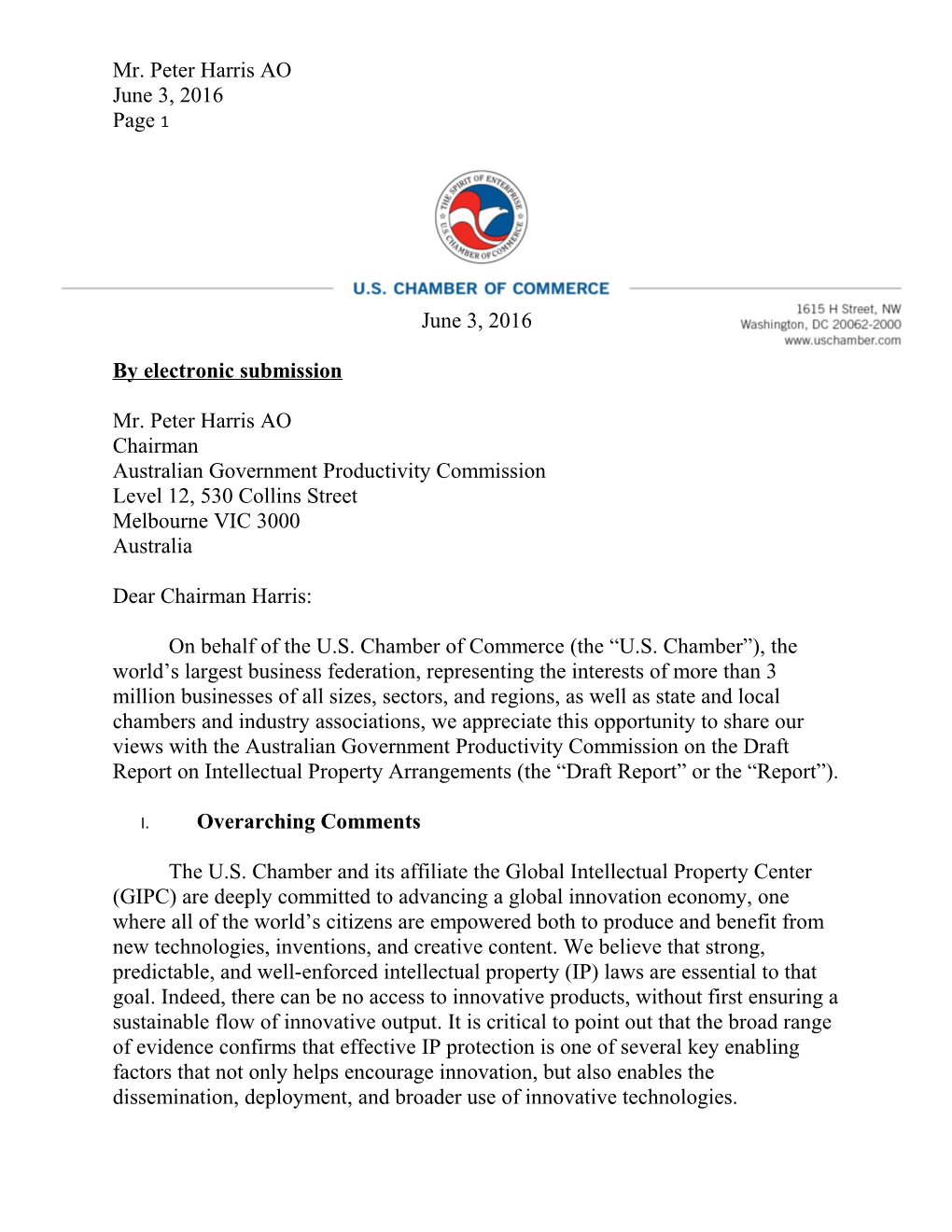 Submission DR415 - US Chamber of Commerce - Intellectual Property Arrangements - Public Inquiry