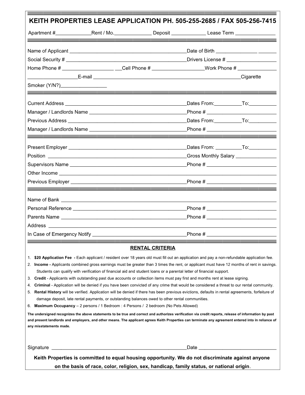 Keith Properties Lease Application Ph. 505-255-2685 / Fax 505-256-7415