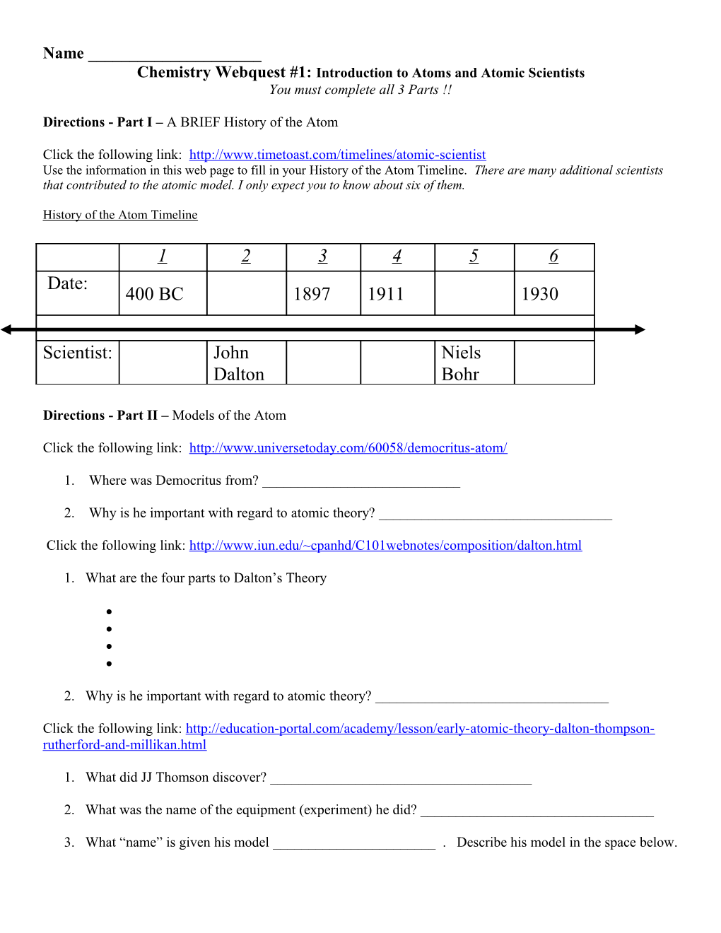 Chemistry Webquest #1: Introduction to Atoms Worksheet s1