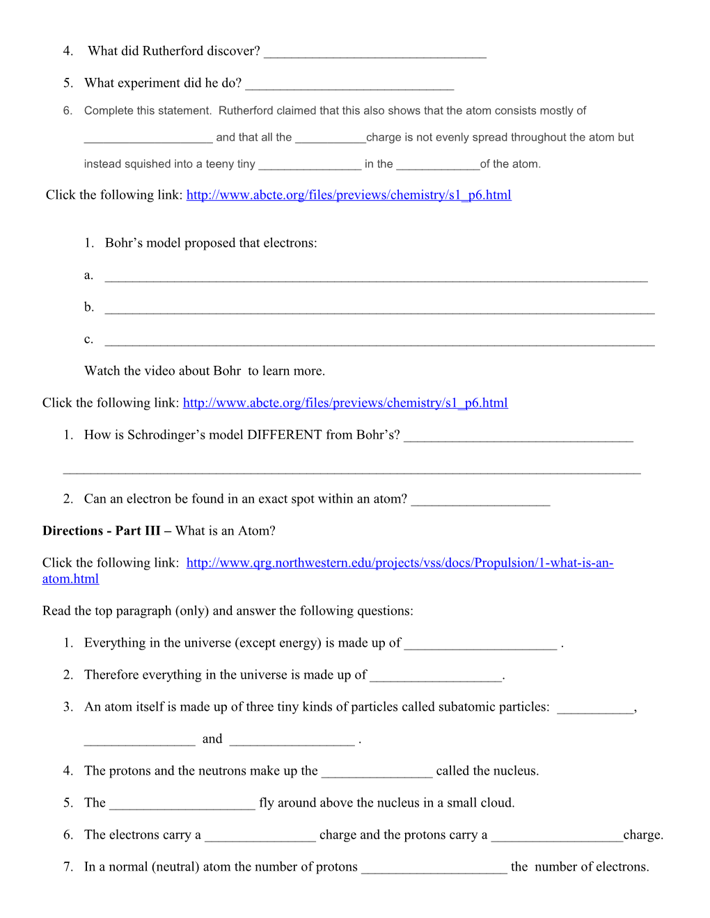 Chemistry Webquest #1: Introduction to Atoms Worksheet s1