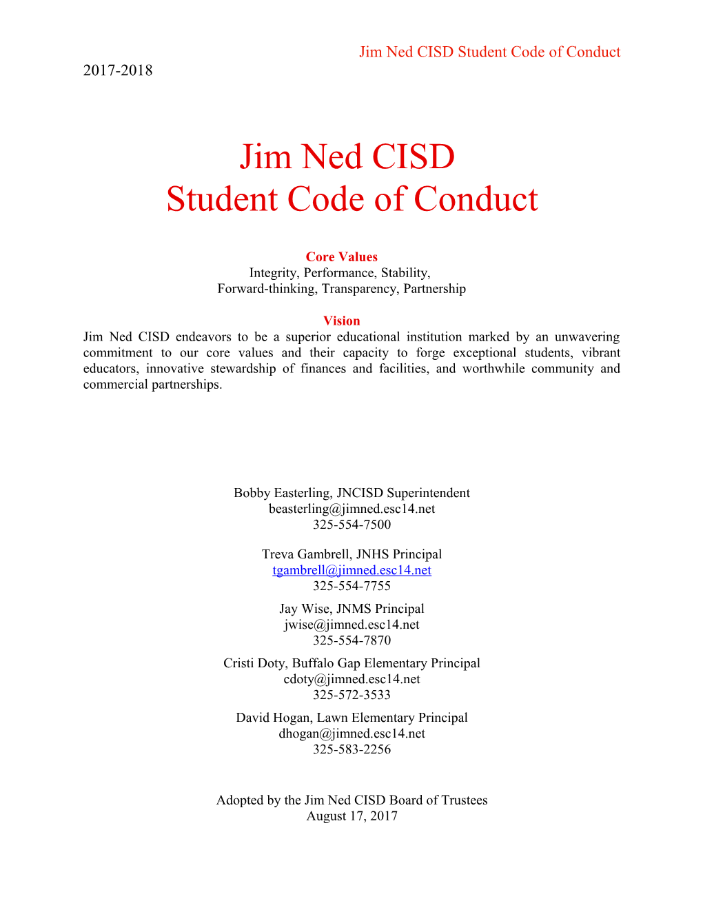 Jim Ned CISD Student Code of Conduct
