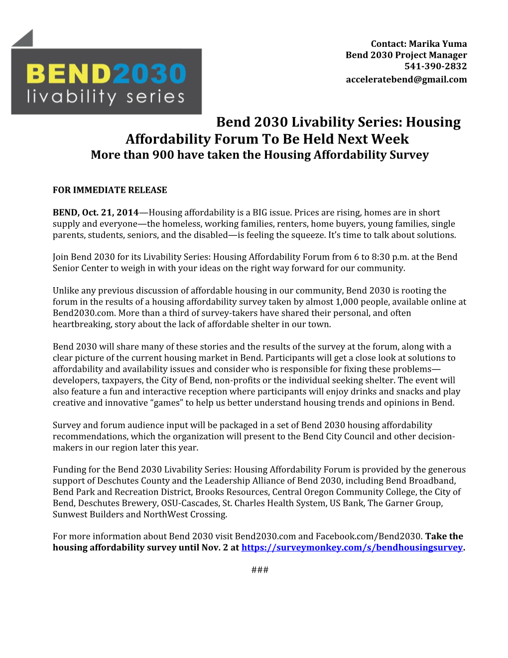 Bend 2030 Livability Series: Housing Affordability Forum to Be Held Next Week