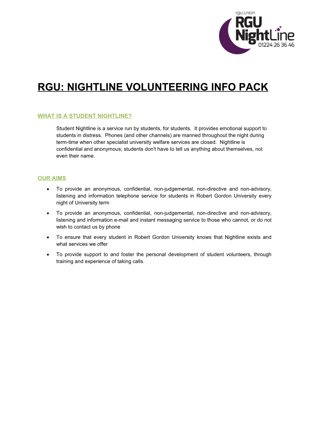 Rgu: Nightline Volunteering Info Pack