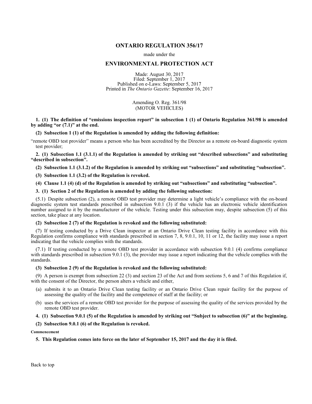ENVIRONMENTAL PROTECTION ACT - O. Reg. 356/17