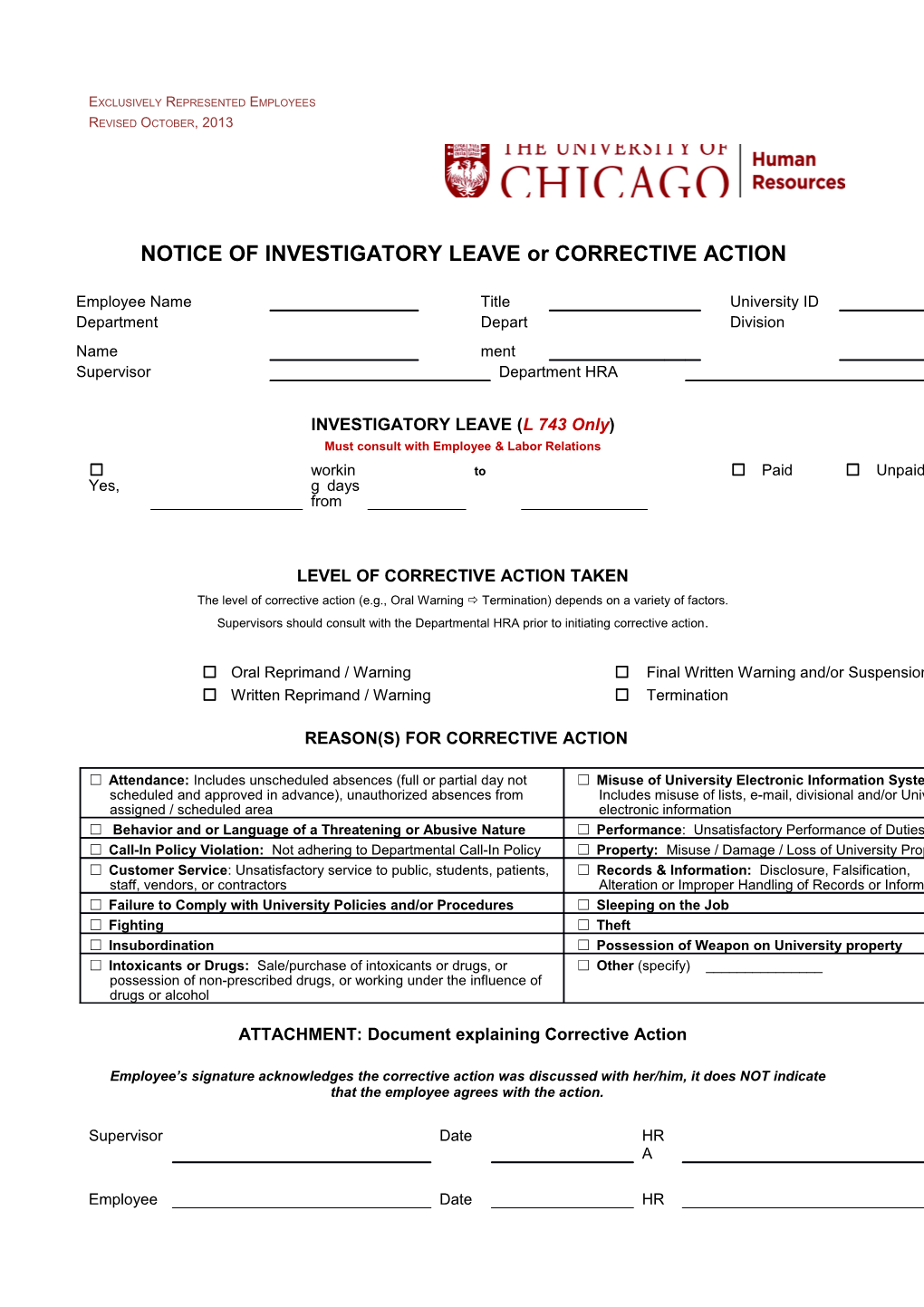 NOTICE of INVESTIGATORY LEAVE Or CORRECTIVE ACTION