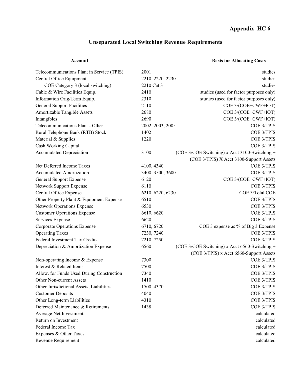 Unseparated Local Switching Revenue Requirements