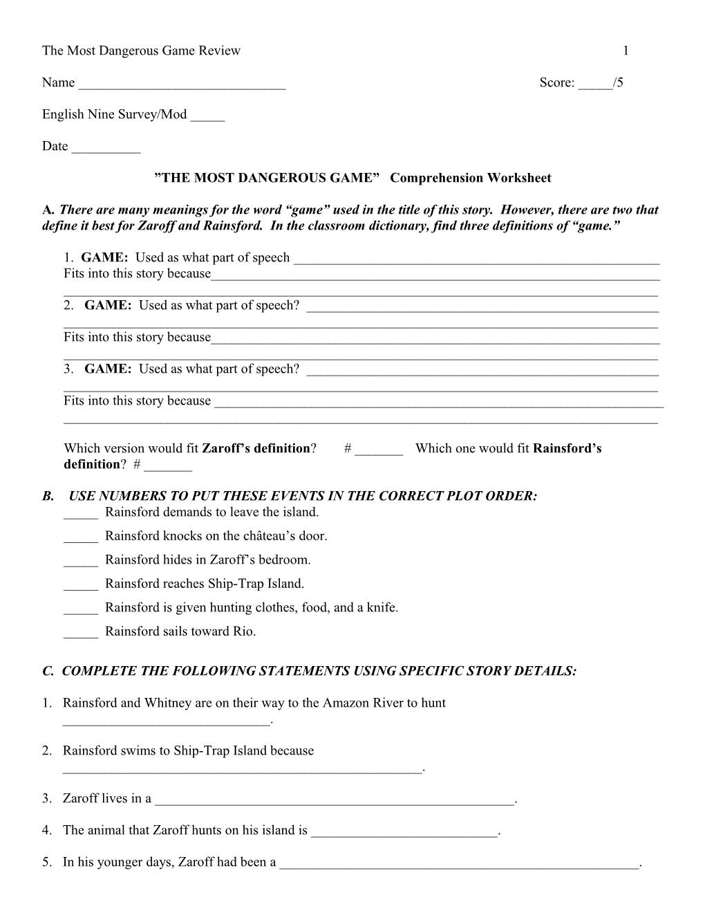 ”THE MOST DANGEROUS GAME” Comprehension Worksheet