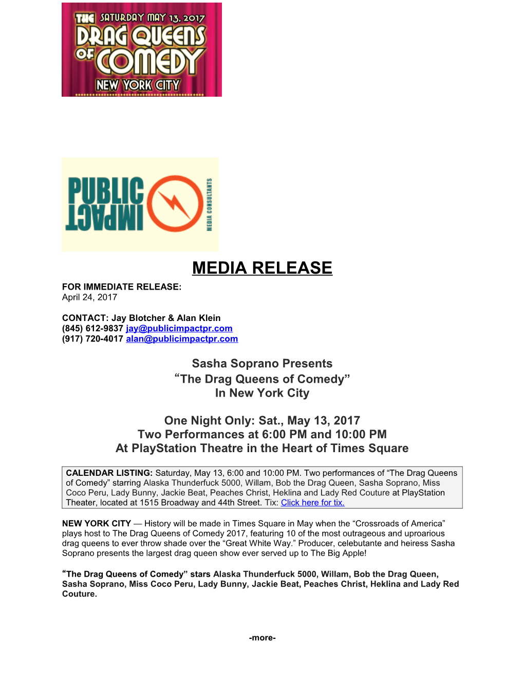 MEDIA RELEASE: the Drag Queens of Comedy Take Manhattan!
