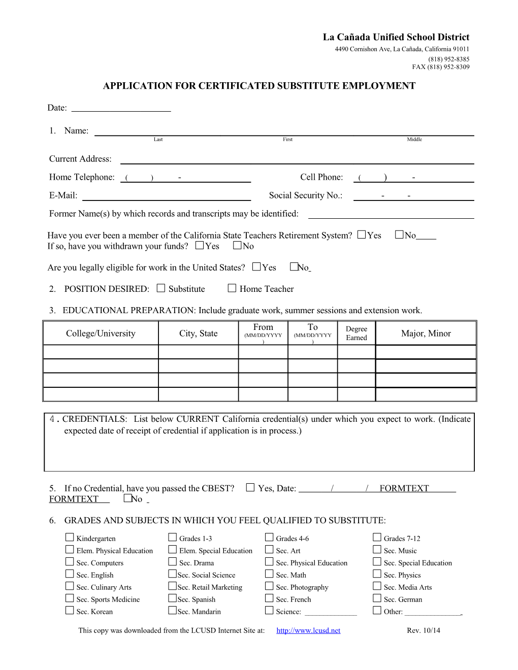 Application for Certificated Substitute Employment