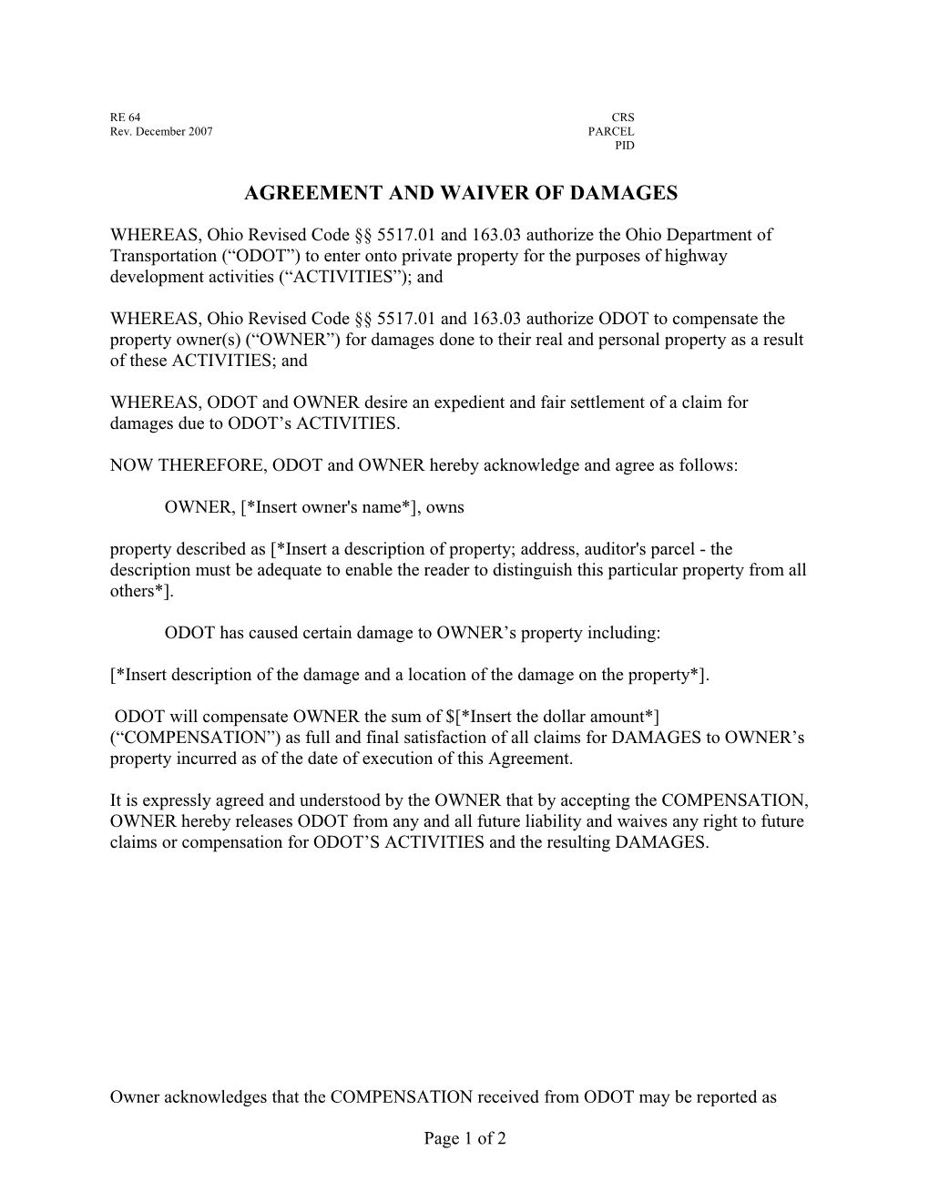 Re 64 Agreement and Waiver of Damages