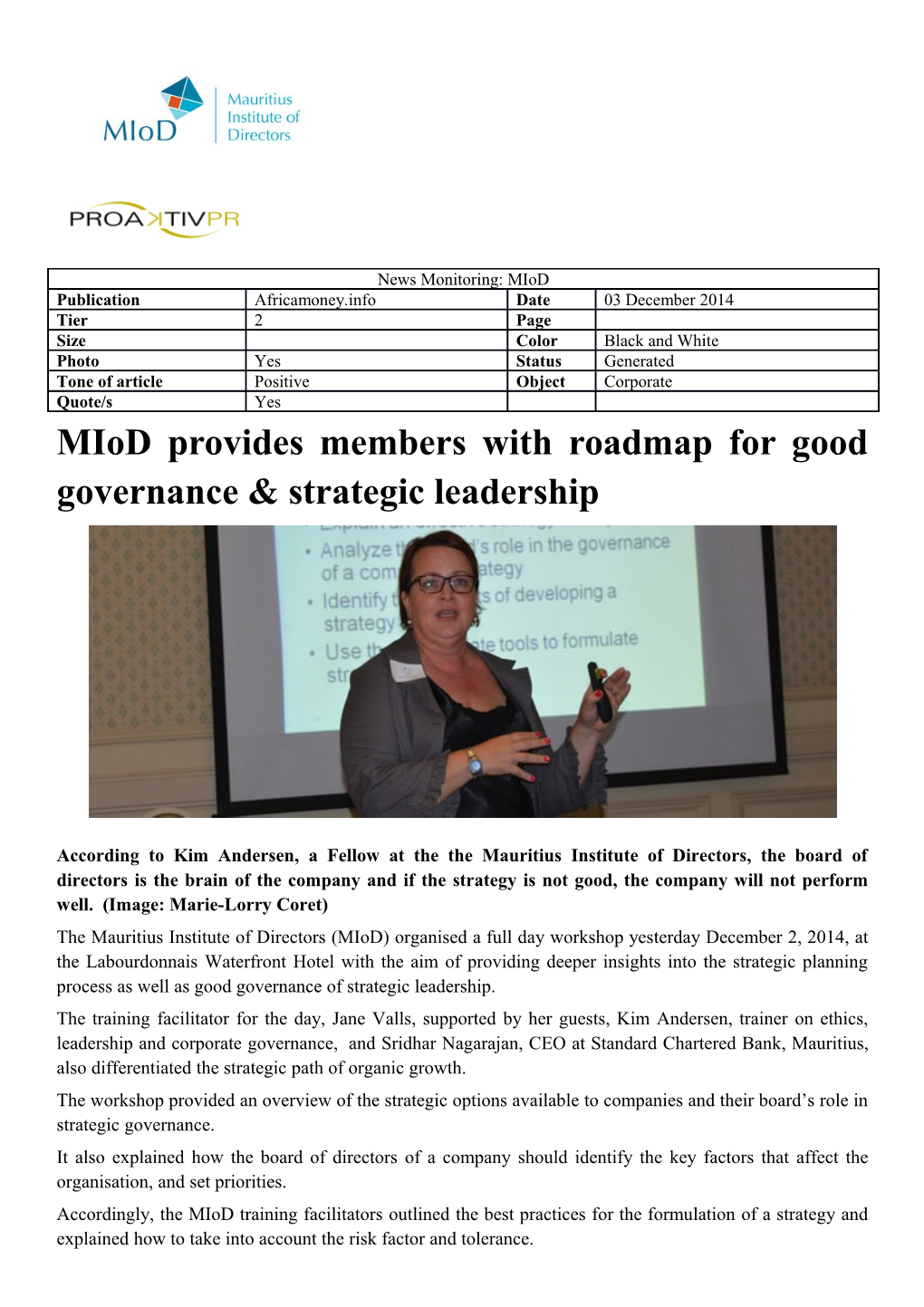 Miod Provides Members with Roadmap for Good Governance & Strategic Leadership