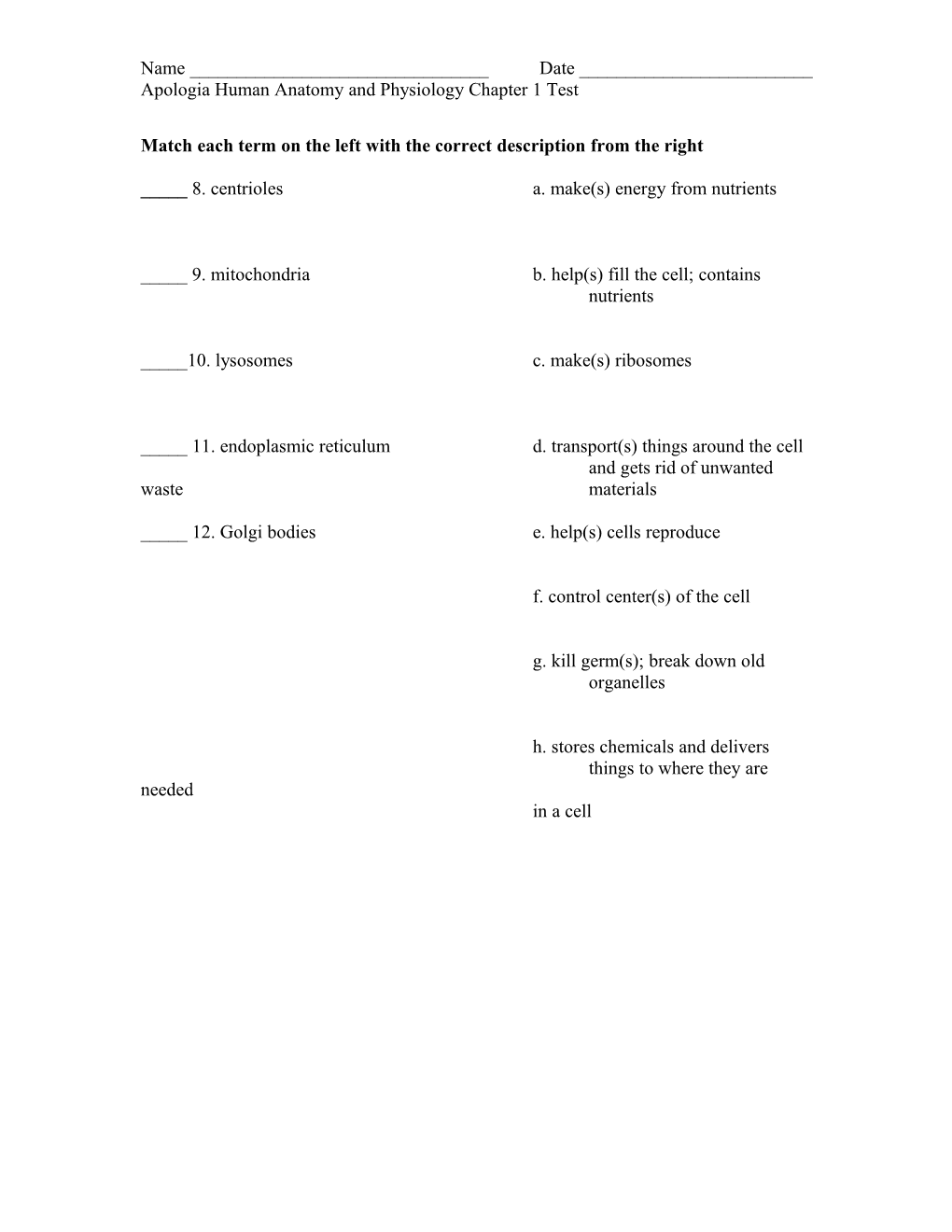 Apologia Human Anatomy and Physiology Chapter 1 Test