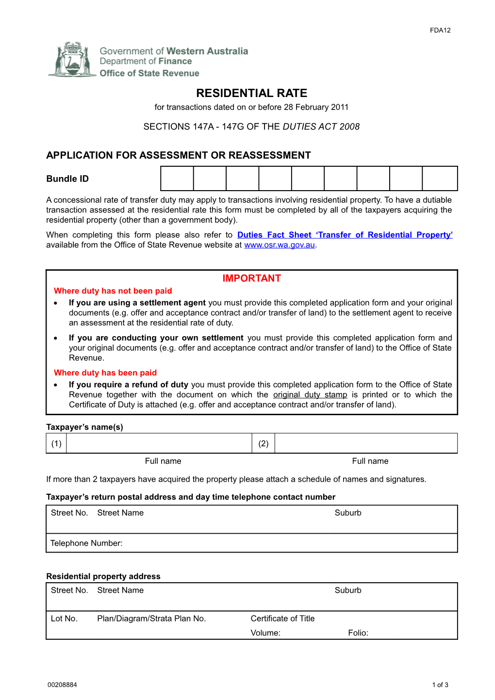 Residential Rate Form