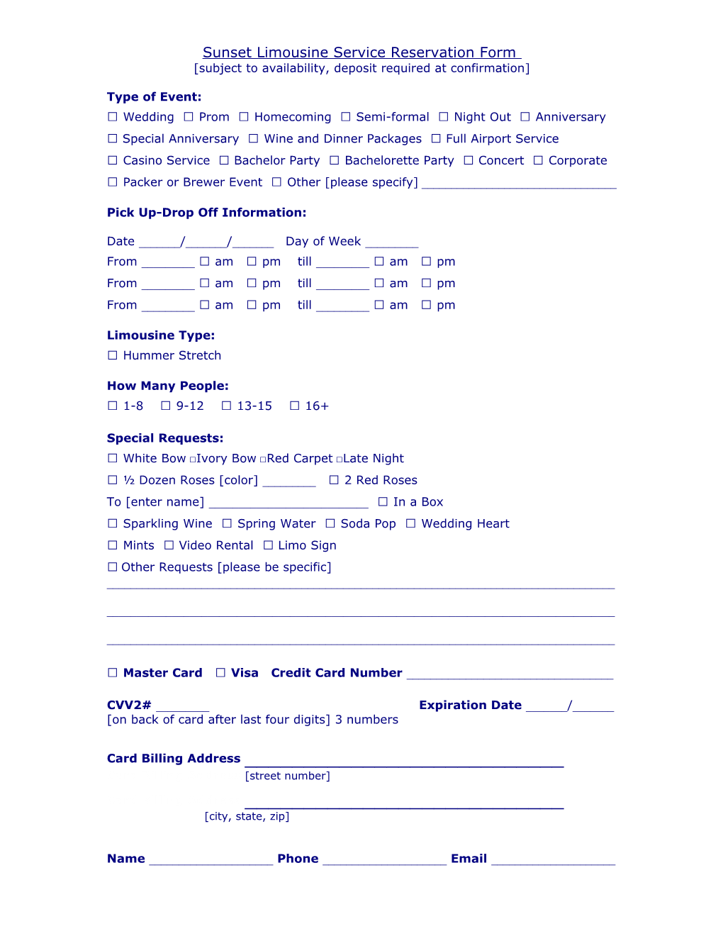 Sunset Limousine Service Reservation Form