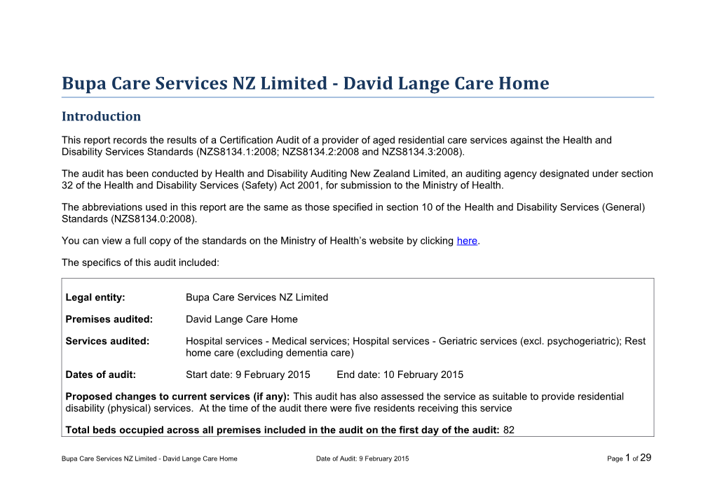 Bupa Care Services NZ Limited - David Lange Care Home