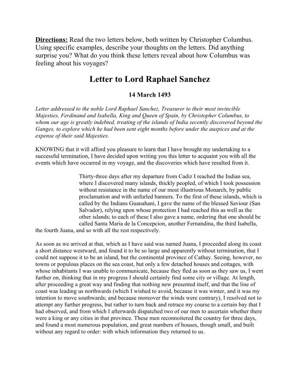 Letter to Lord Raphael Sanchez