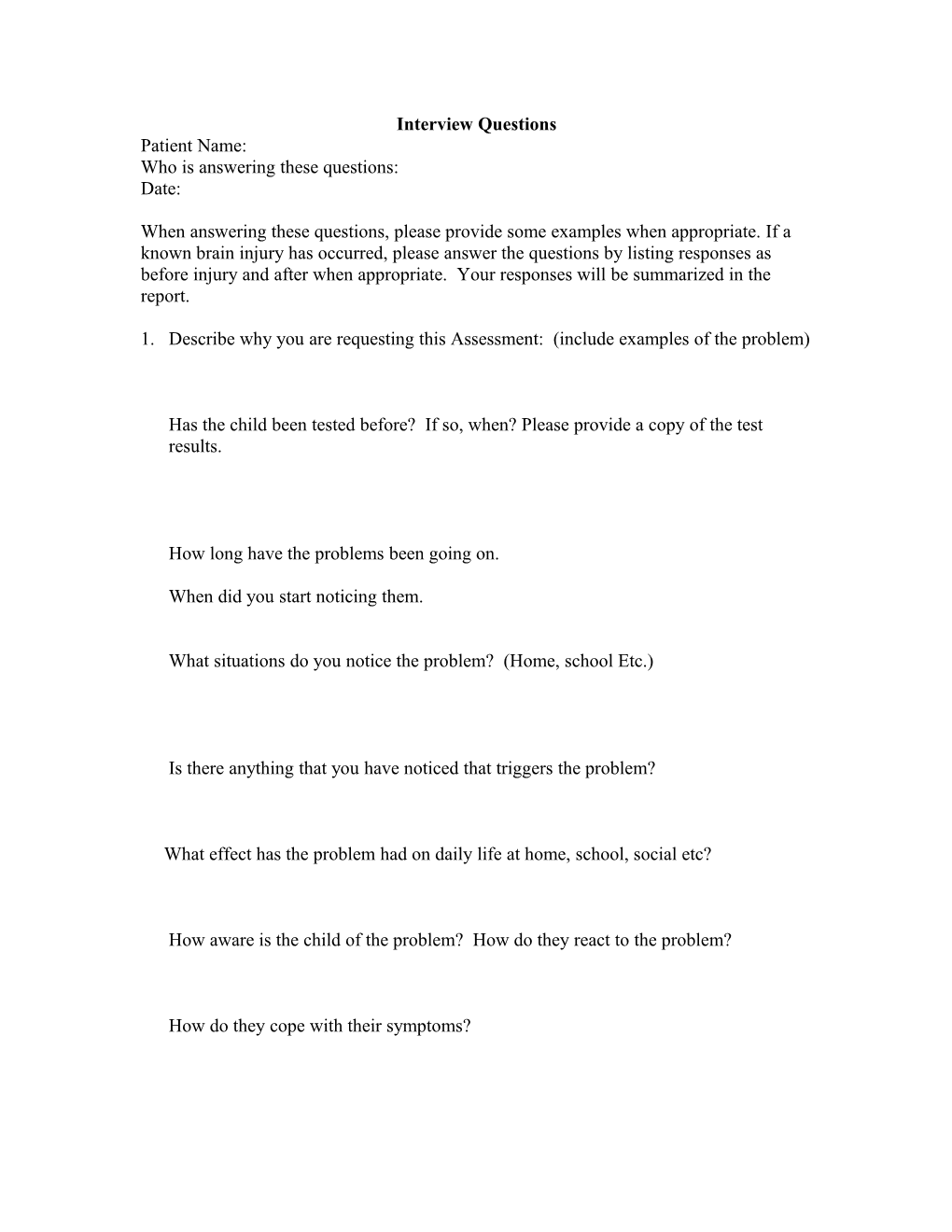 Interview Questions for Parents for Assessing Children