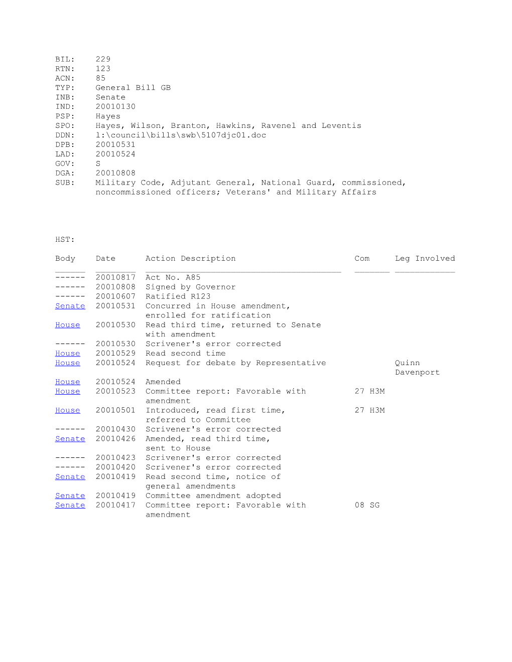 2001-2002 Bill 229: Military Code, Adjutant General, National Guard, Commissioned