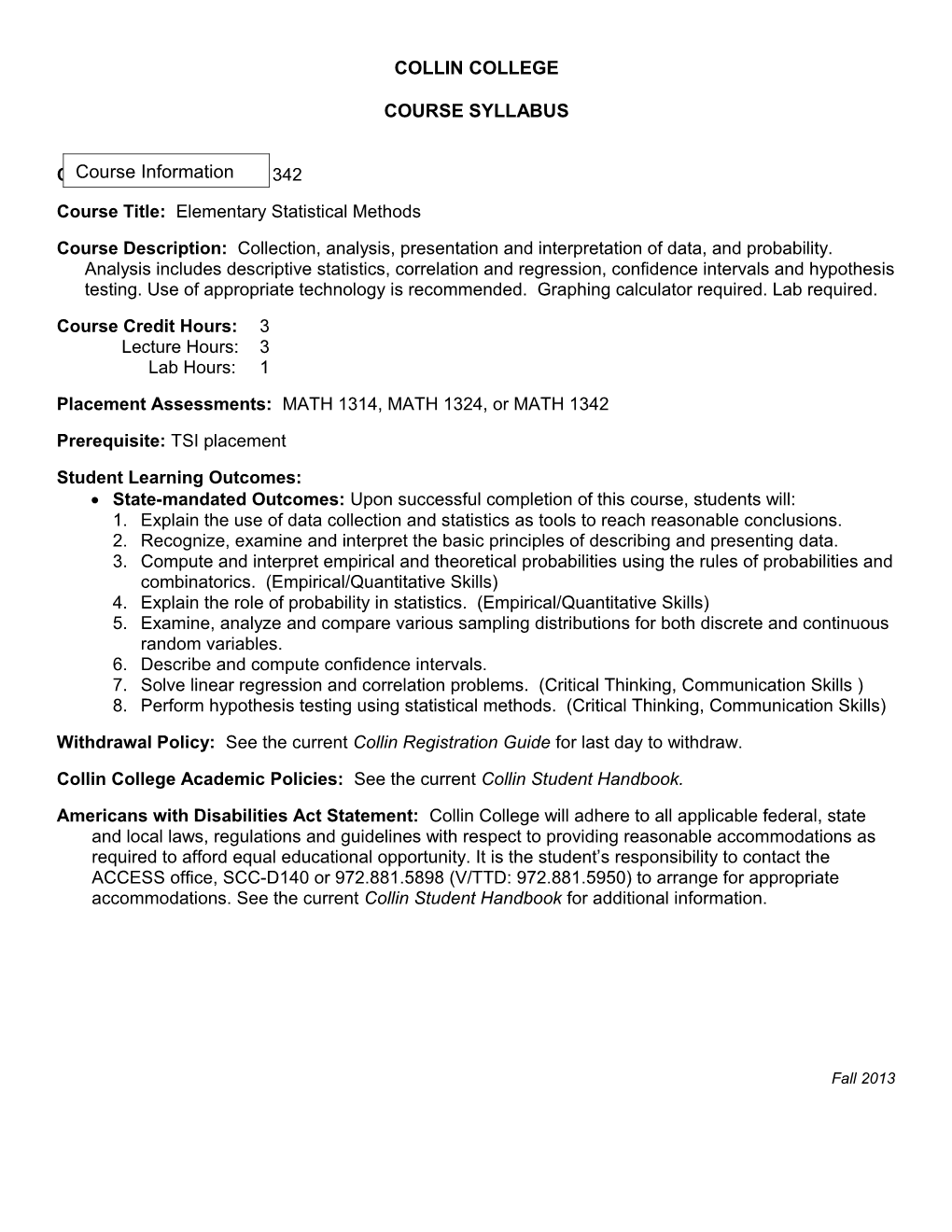 Course Title: Elementary Statistical Methods