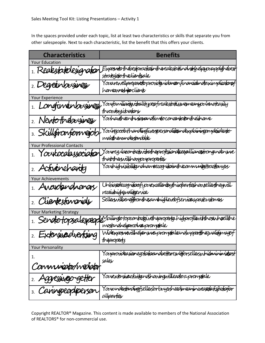 Sales Meeting Tool Kit: Listing Presentations Activity 1