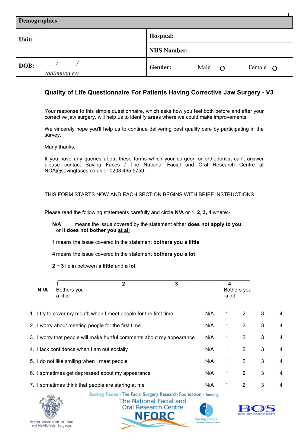 Quality of Life Questionnaire for Patients Having Corrective Jaw Surgery - V3