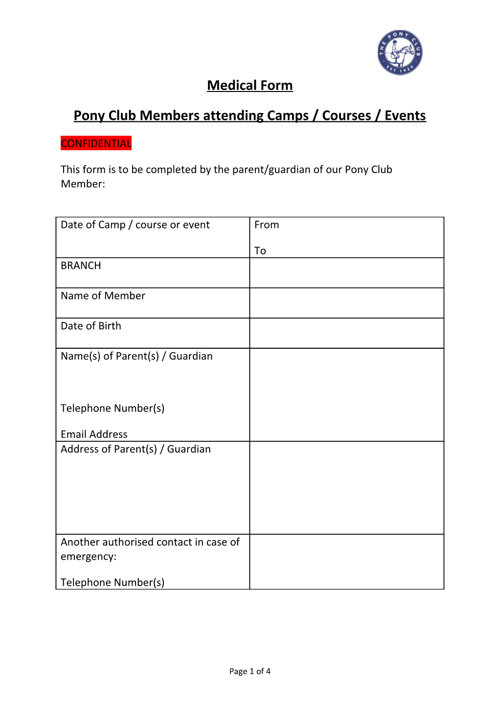 Form for Pony Club Members Attending Camps Or Courses/Events Etc