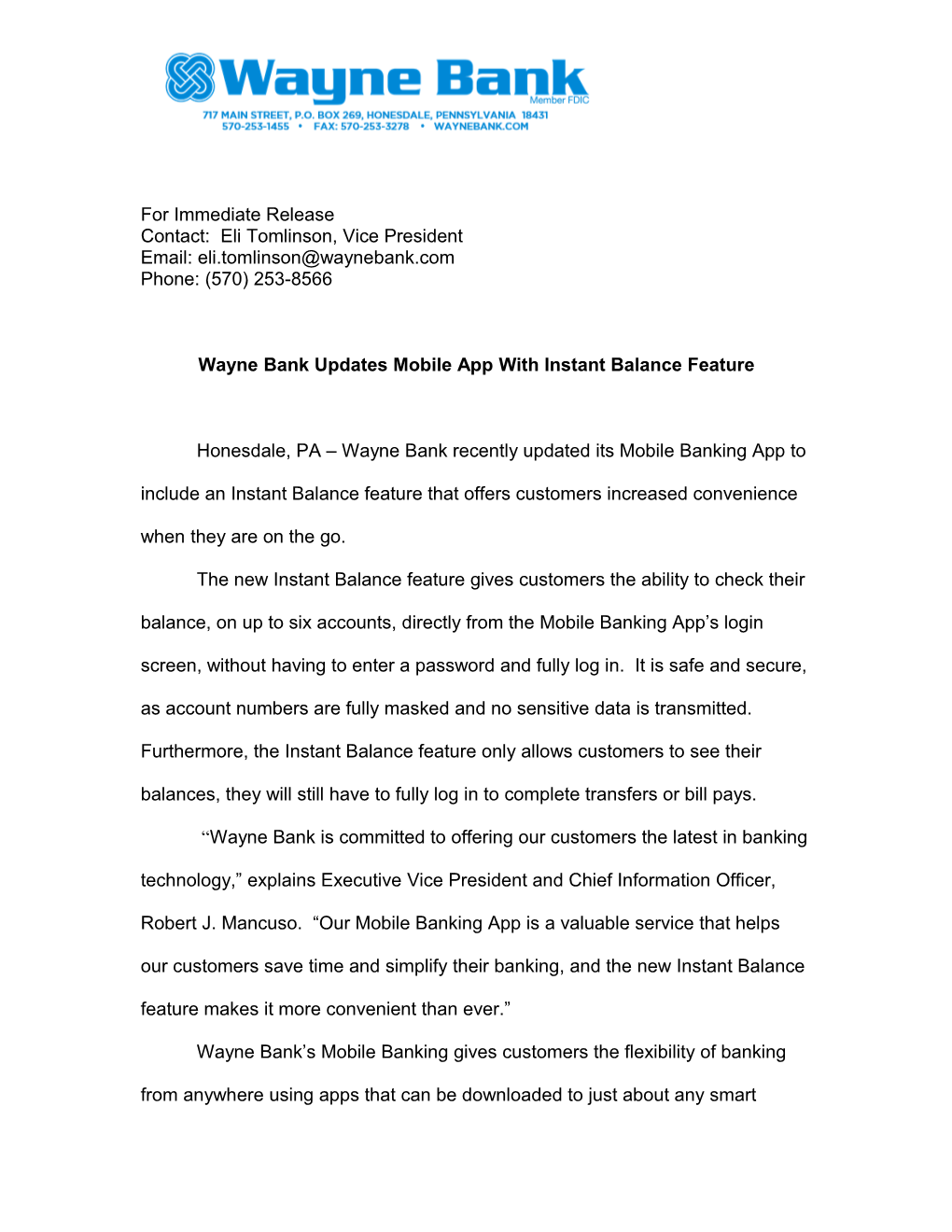 Wayne Bank Updates Mobile App with Instant Balance Feature