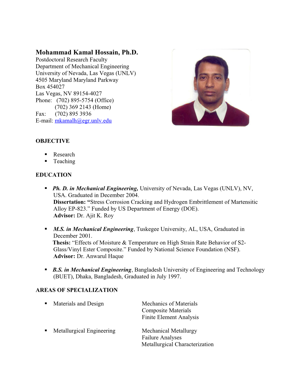 Mohammad Kamal Hossain, Ph.D. Postdoctoral Research Faculty