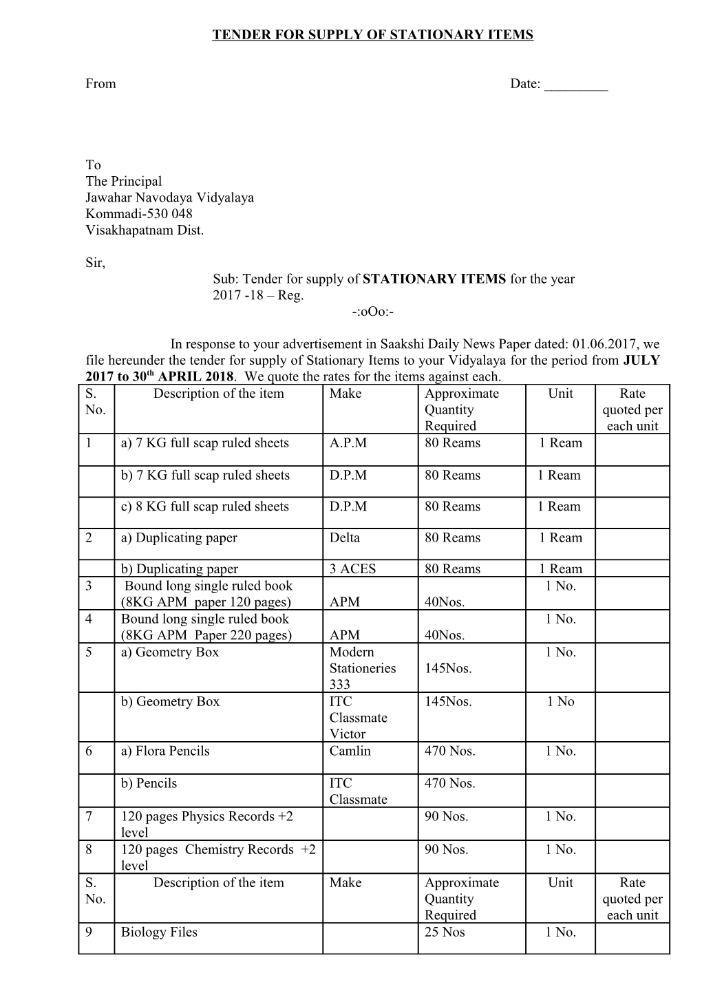 Tender for Supply of Stationary Items