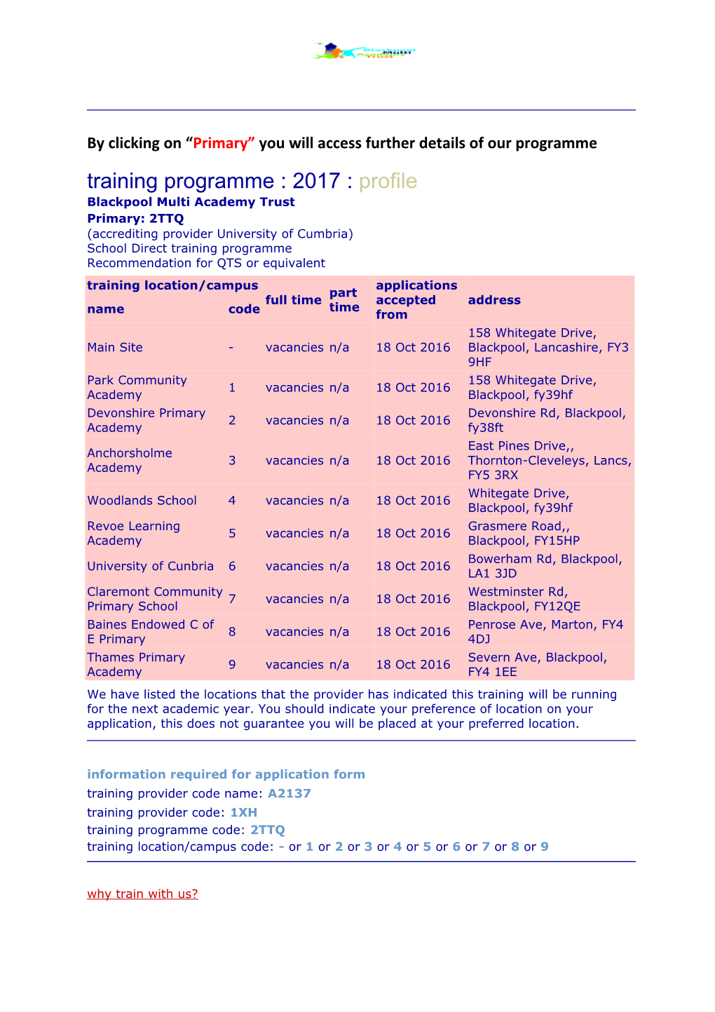 Please Click Find Training Programmes Starting in 2017