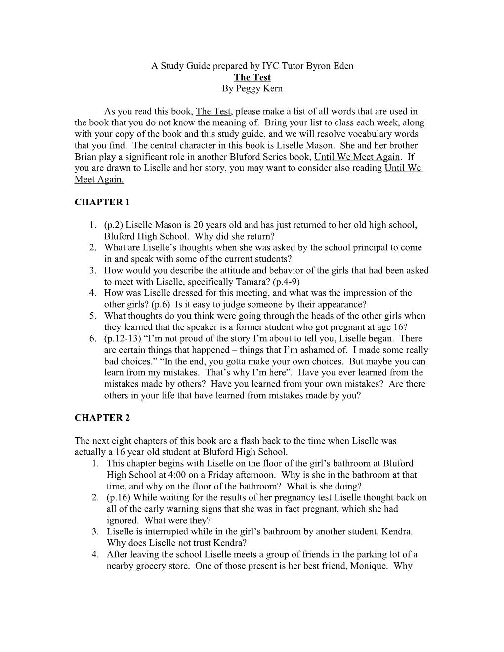 A Study Guide Prepared by IYC Tutor Byron Eden