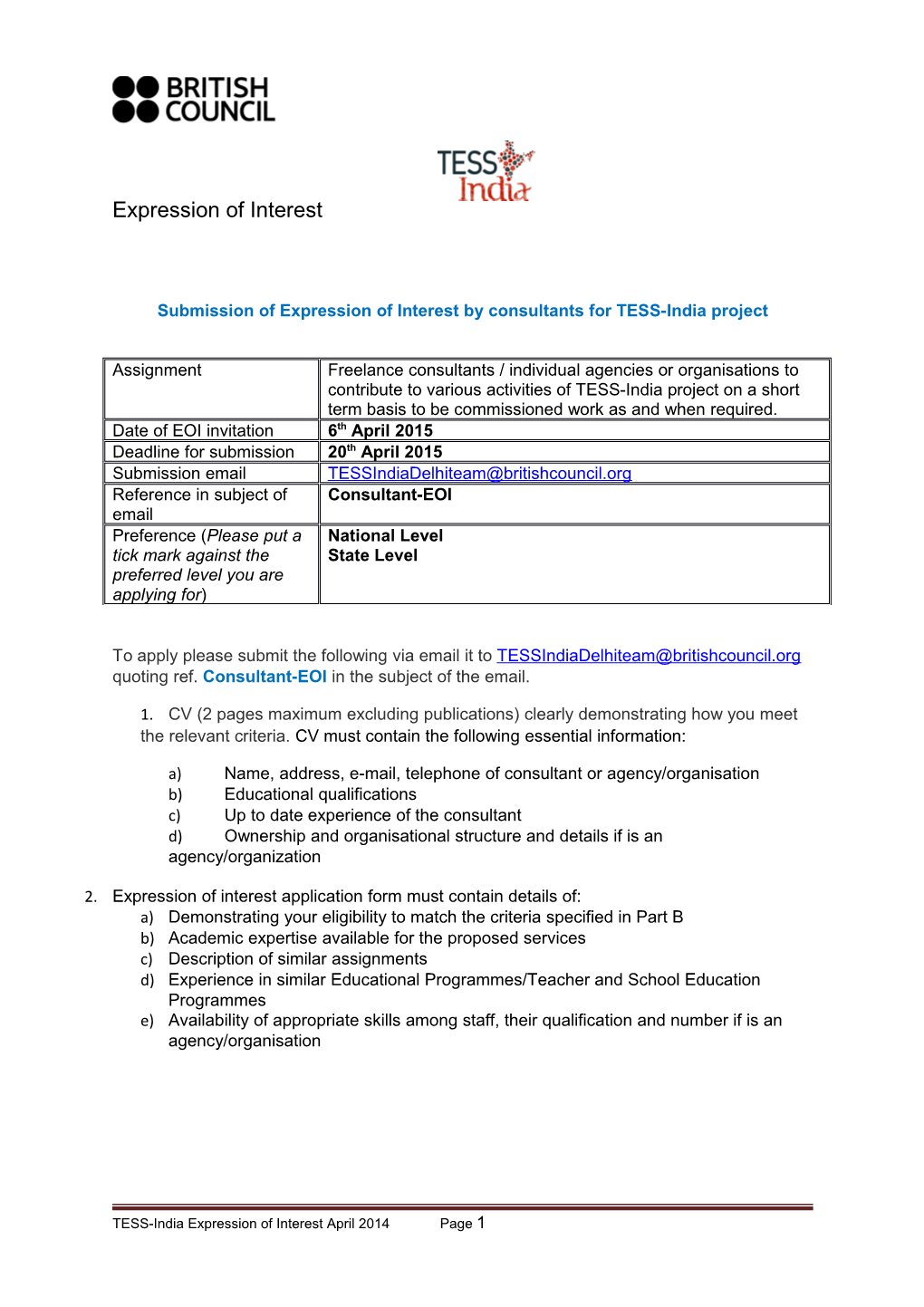 Submission of Expression of Interest by Consultants for TESS-India Project