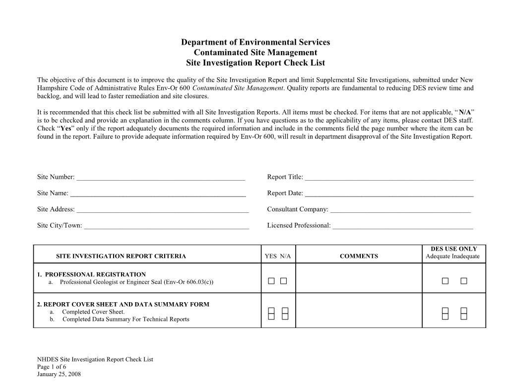 Site Investigation Report Check List (Contaminated Site Management)