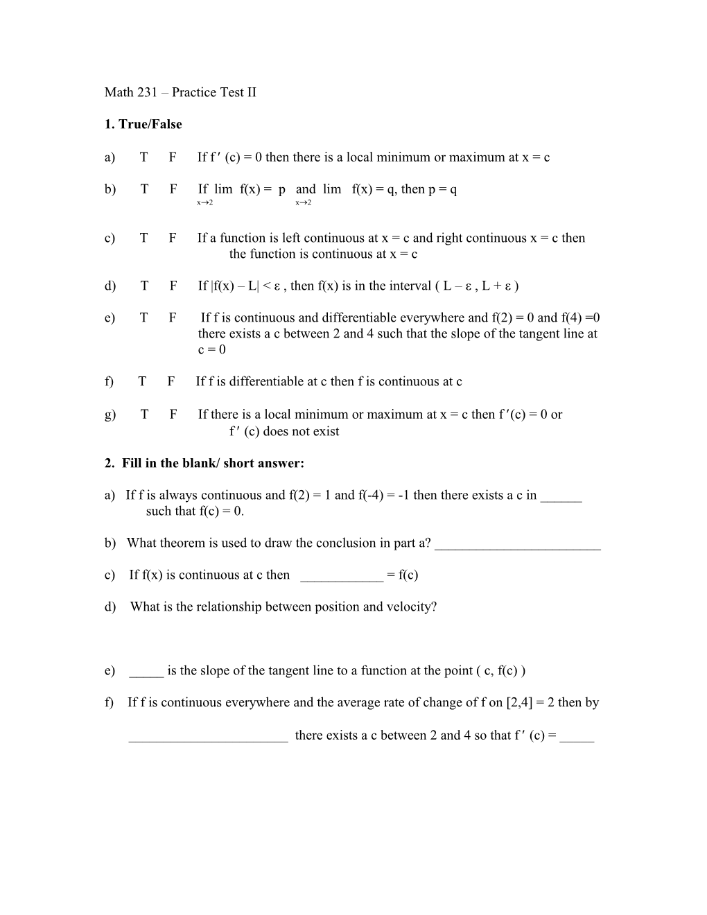 Math 231 Practice Test II