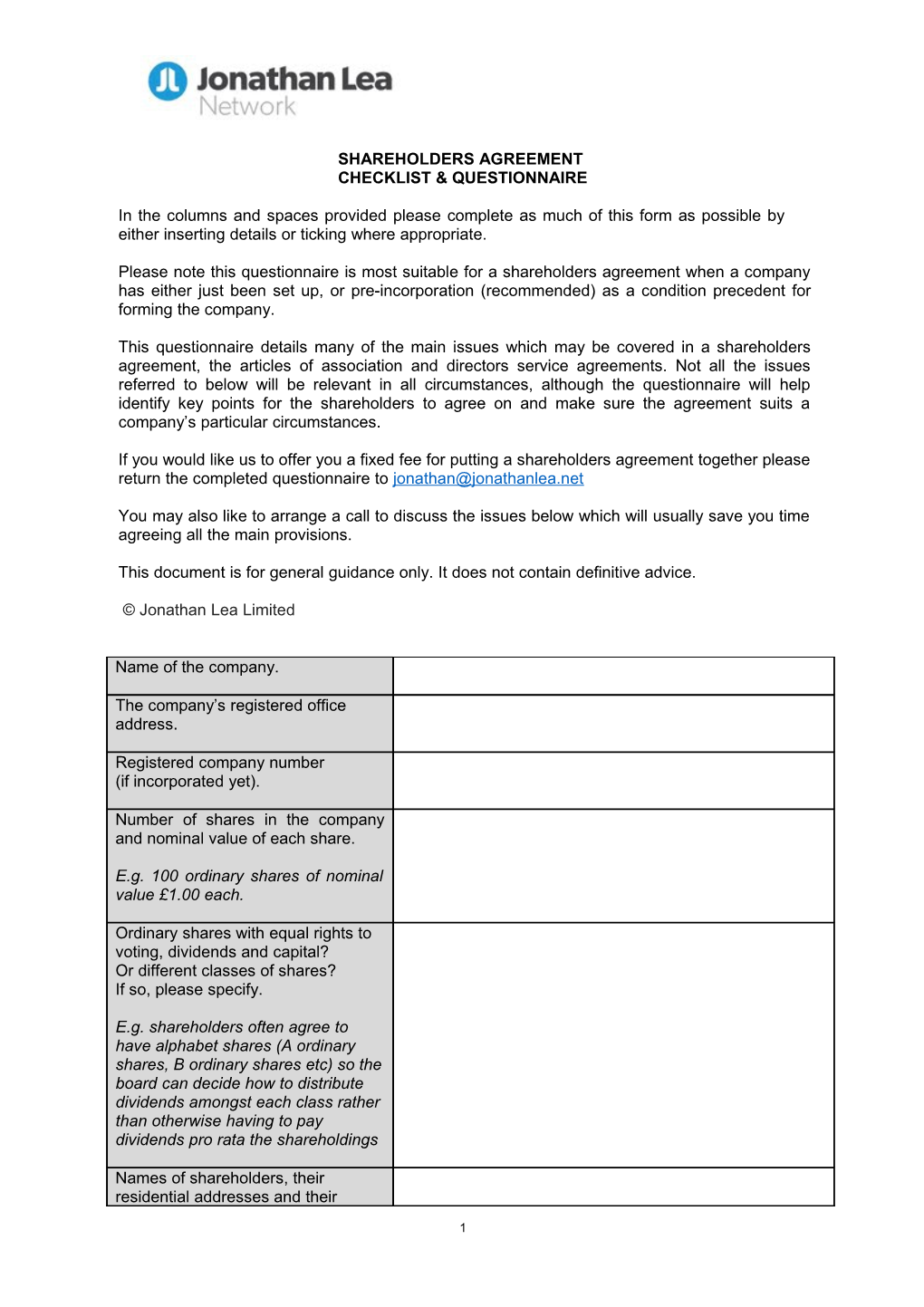 Shareholders Agreement Questionnaire