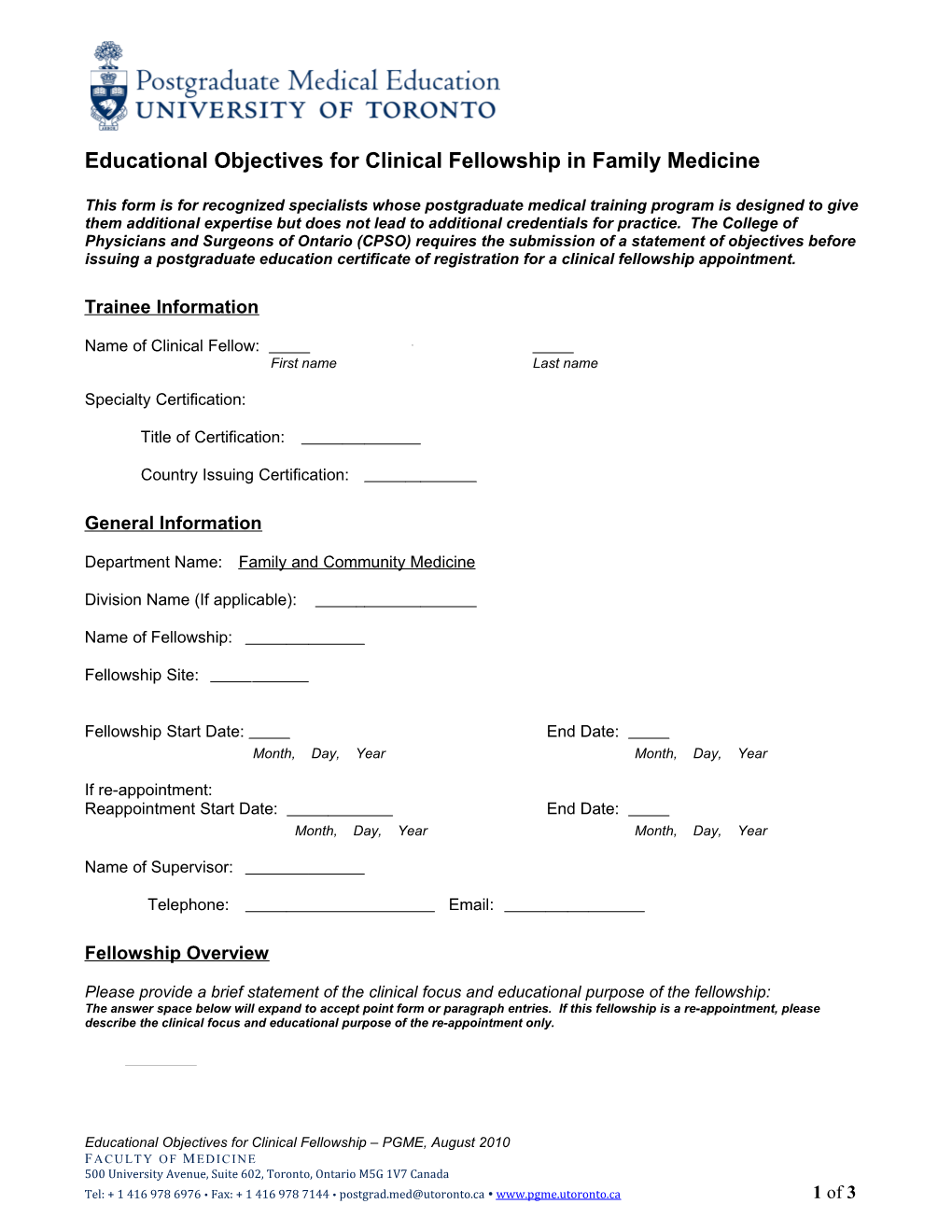 Educational Objectives for Clinical Fellowship in Family Medicine