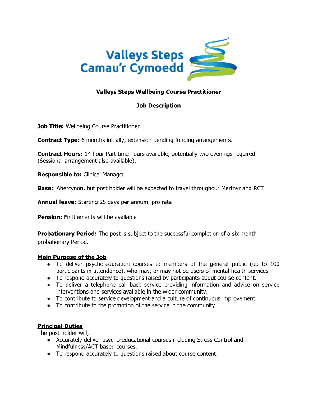 Valleys Steps Wellbeing Course Practitioner