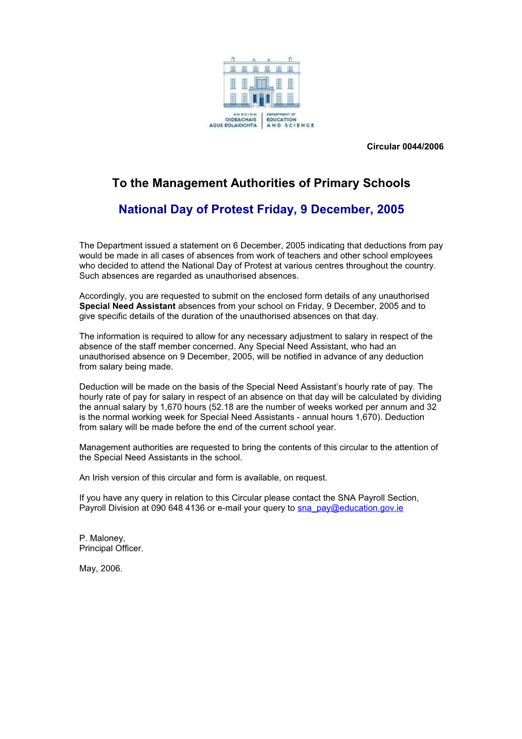 Circular 0044/2006 - National Day of Protest - Special Need Assistant, Primary (File Format