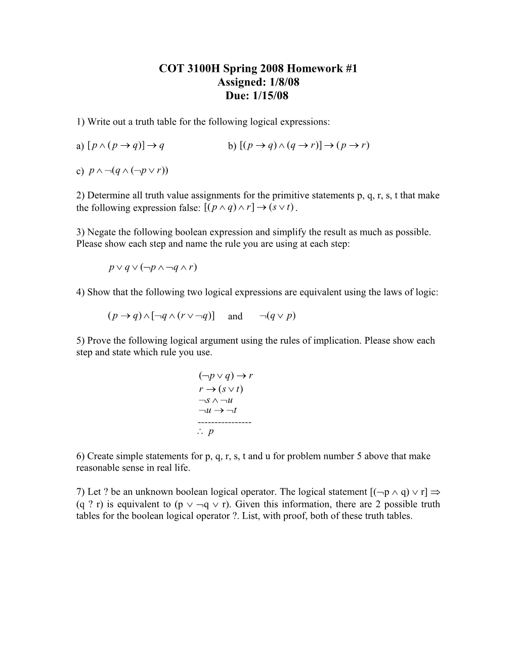 COT 3100H Spring 2008 Homework #1