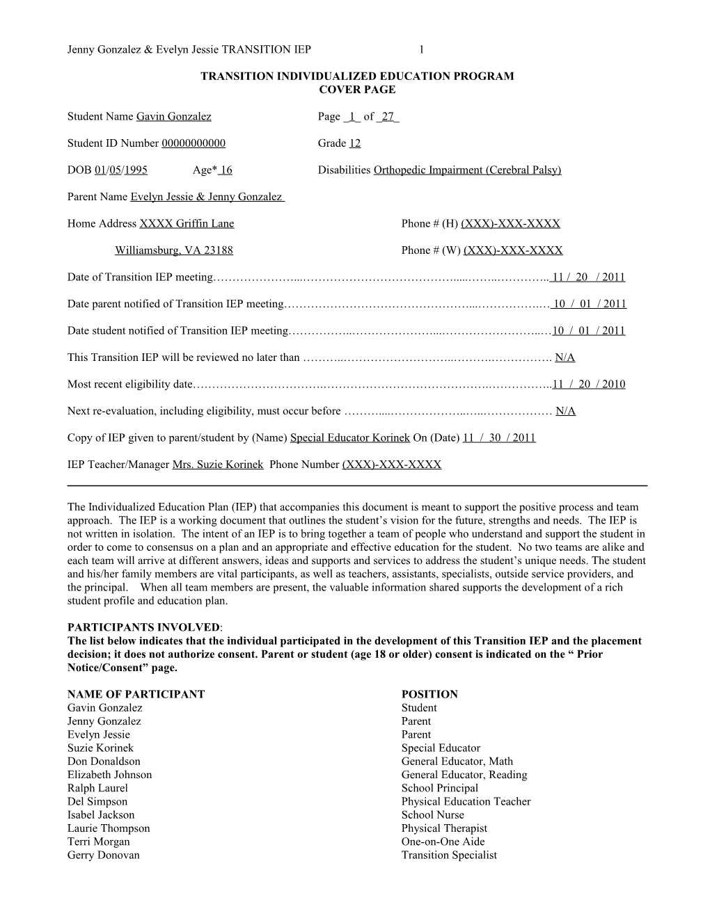 Virginia Department of Education Sample IEP Form May 2001 Page 1 of 25