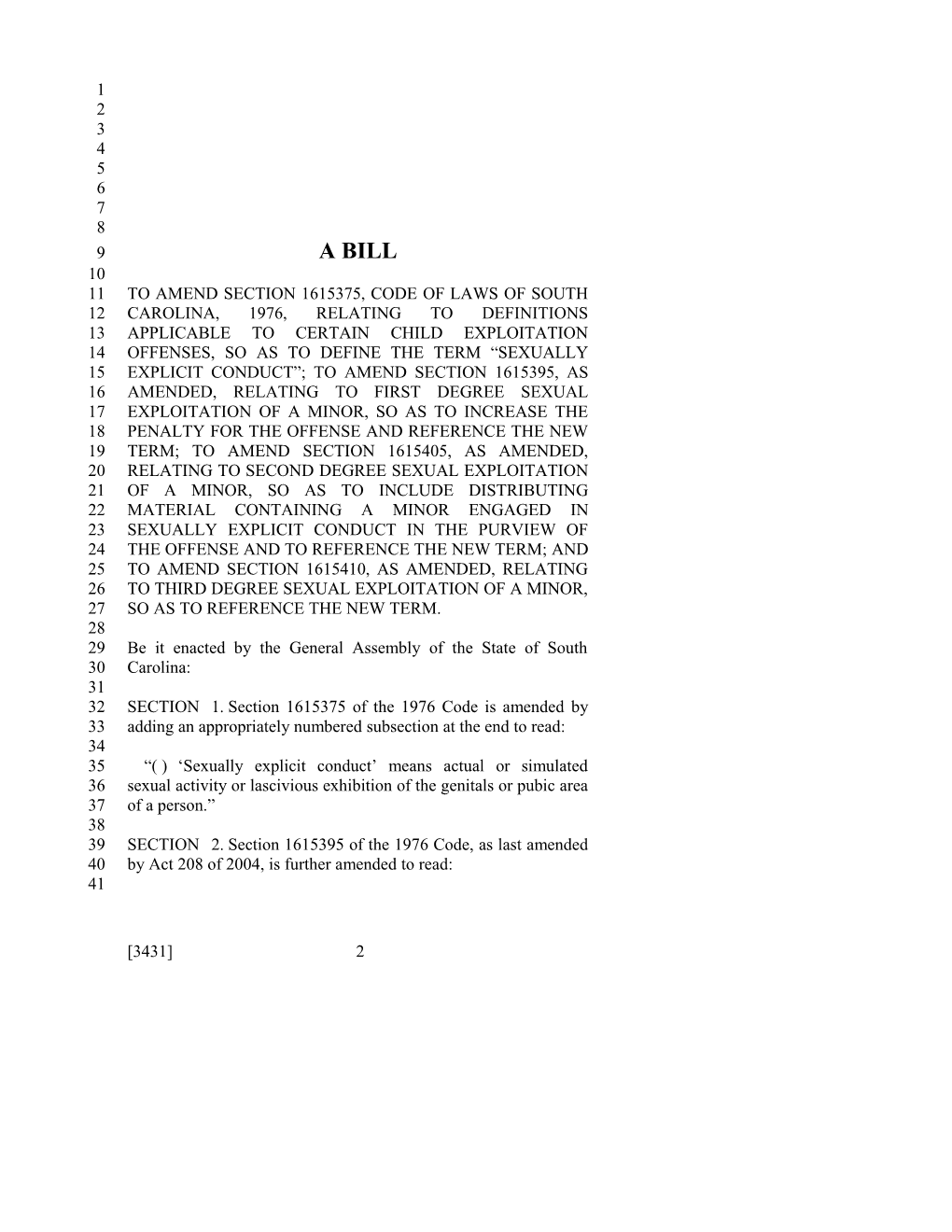 2009-2010 Bill 3431: Child Exploitation Offenses - South Carolina Legislature Online