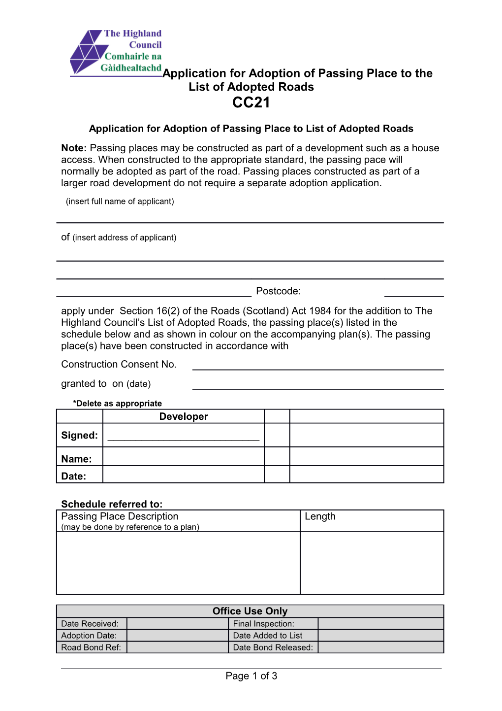 Application for Adoption of Passing Place to List of Adopted Roads