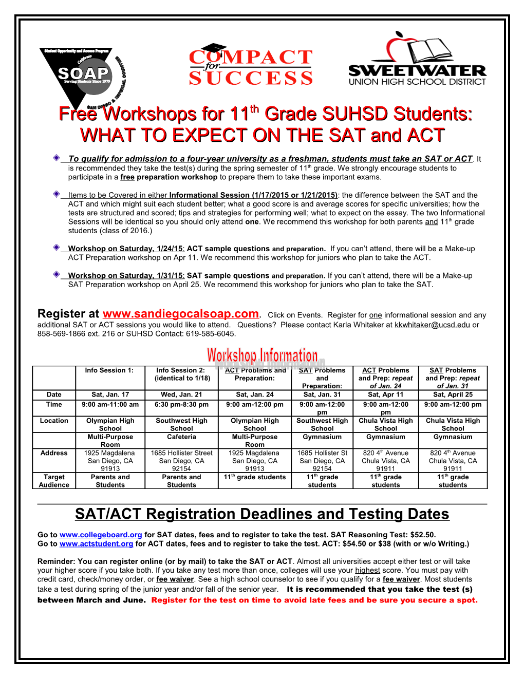 Free Workshops for 11Th Grade SUHSD Students