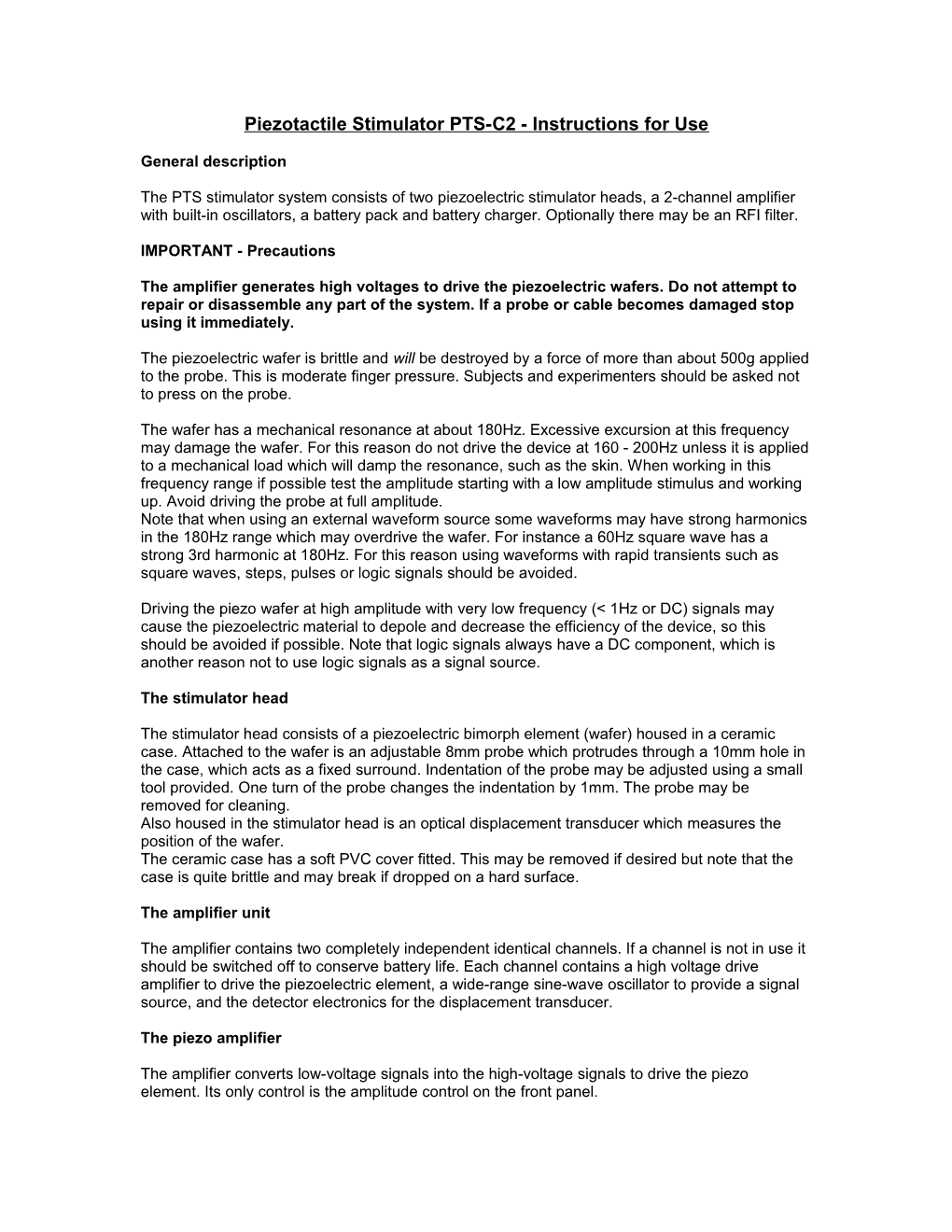 Piezotactile Stimulator PTS-C2 - Instructions for Use